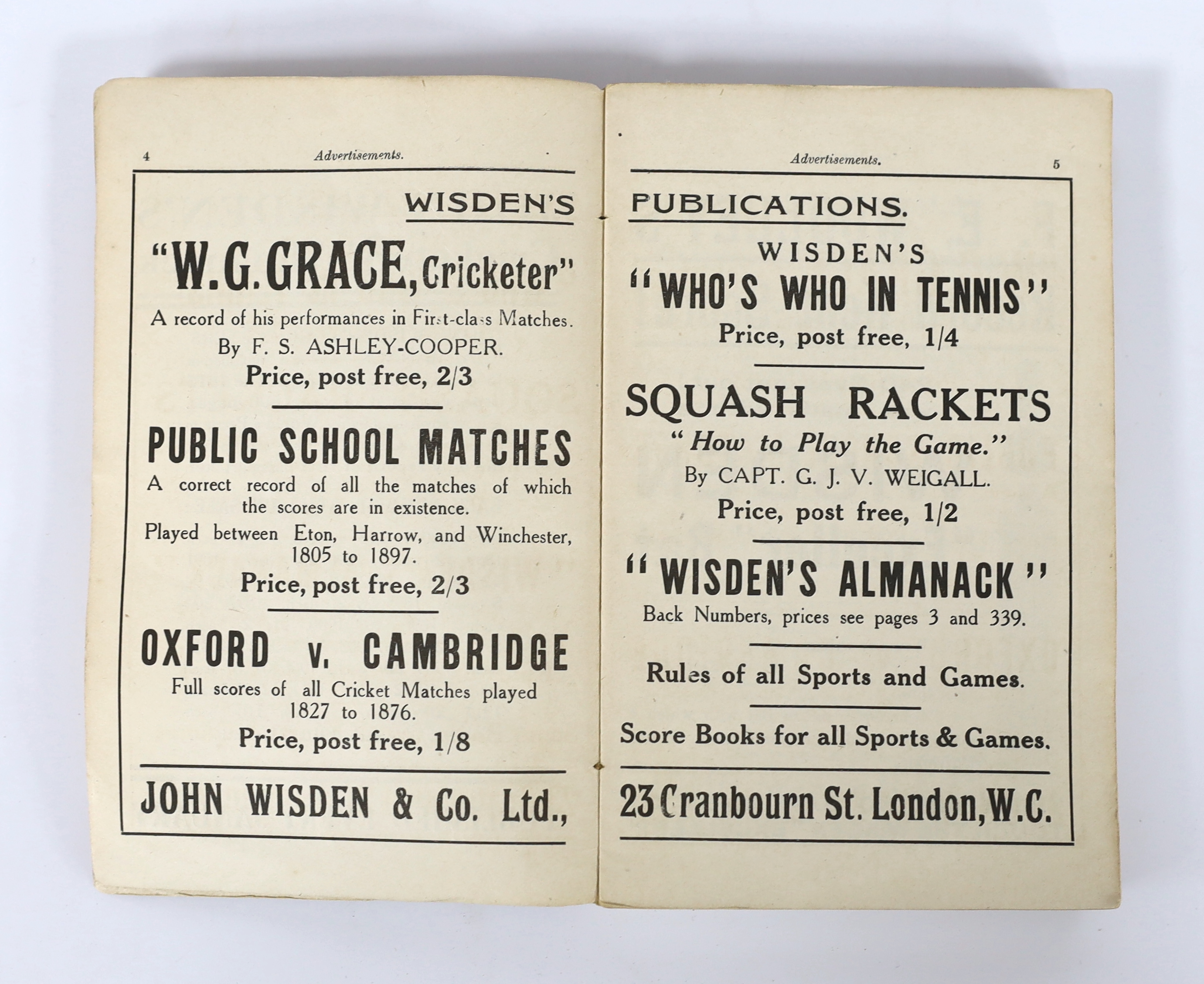 Wisden - John Wisden’s Cricketer’s Almanack for 1917, with original wrappers, spine cracked, with some loss, close tear to upper right rear cover.